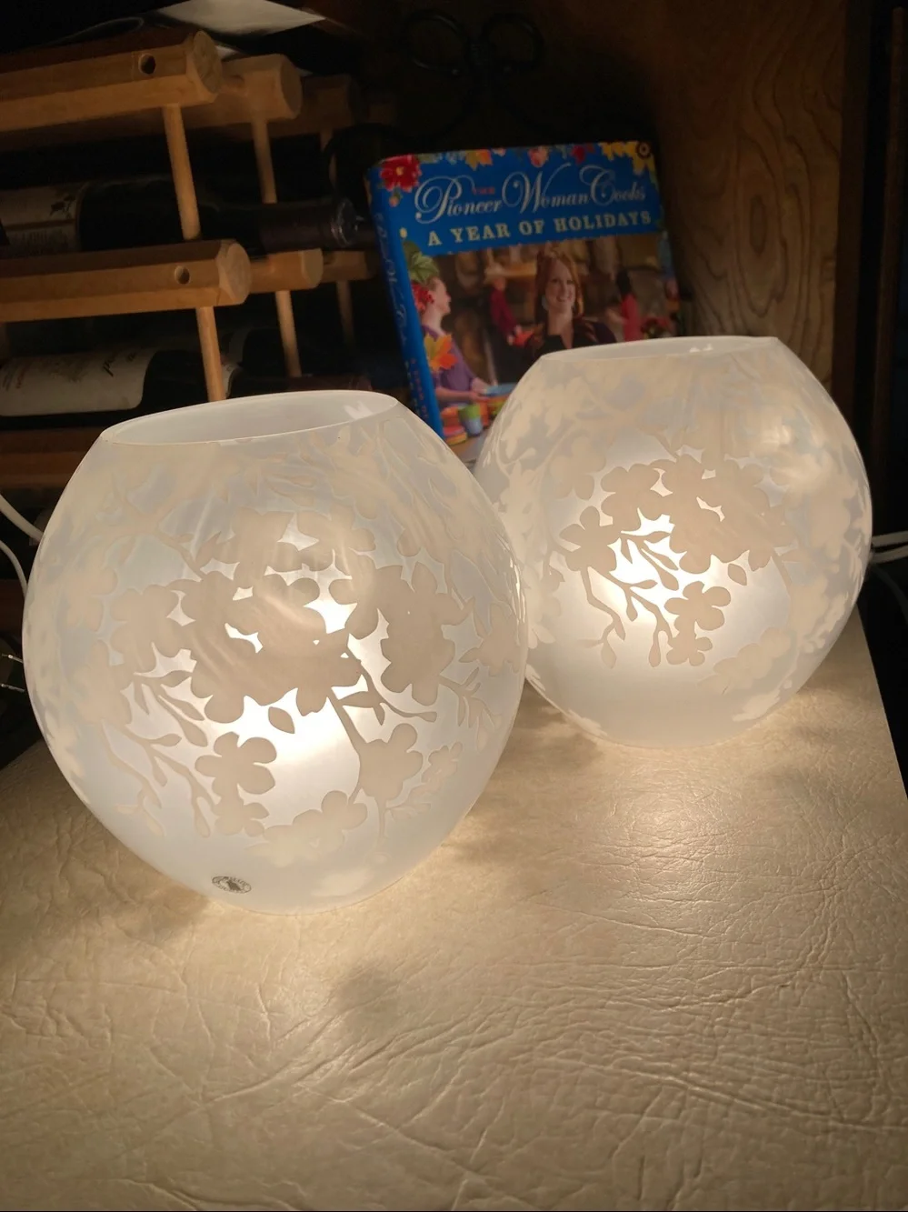 VTG IKEA Knubbig Frosted Cherry Blossom Glass Globe Lamps Set of 2, 7” x 11”